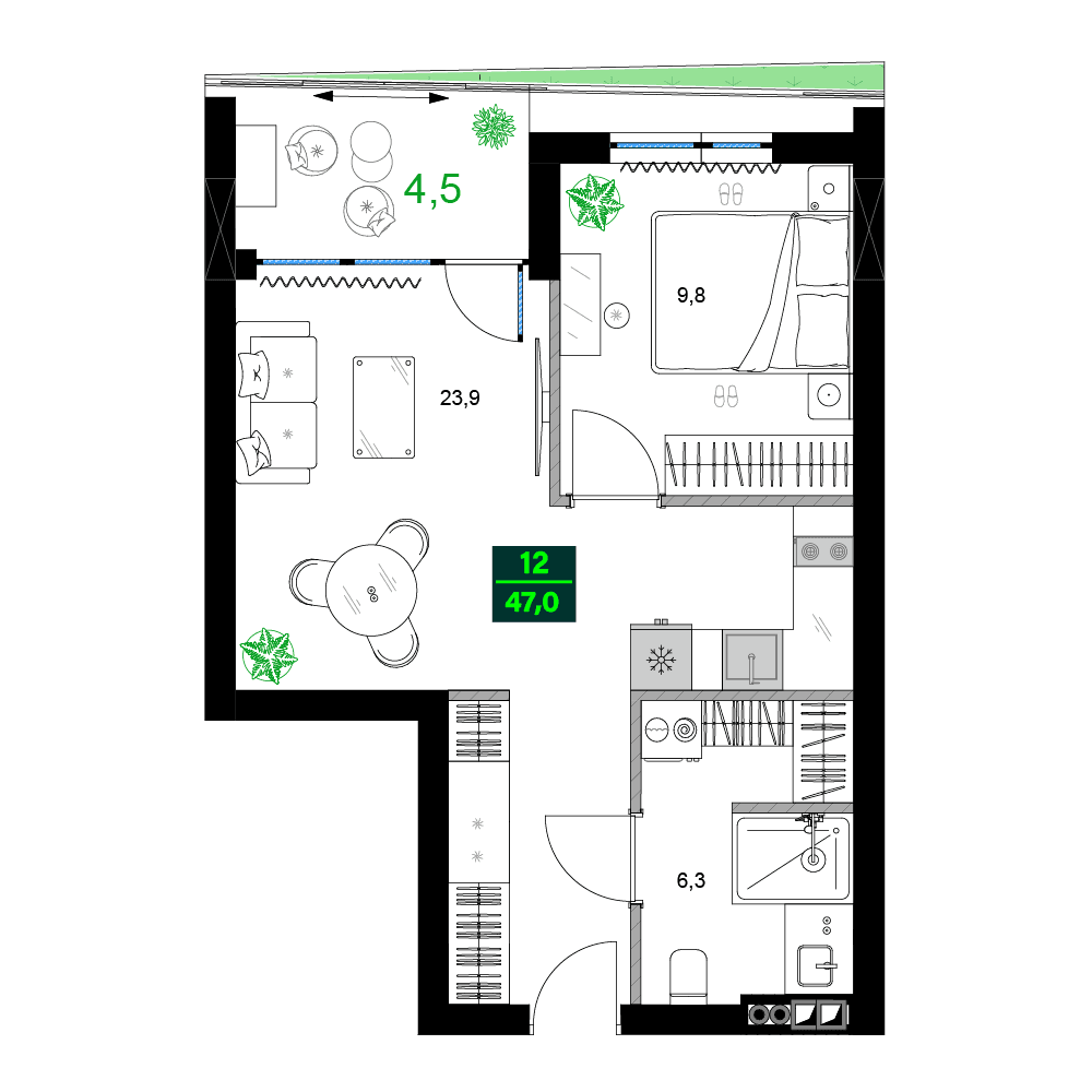 2-комнатная квартира, 47 м², 9 этаж в ЖК "SUMMER 365"