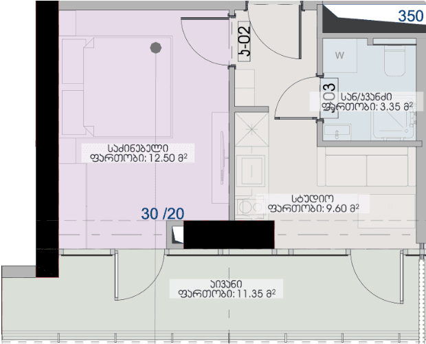 1-bedroom apartment, 36.8 m², 8 floor, Geuz Towers in Batumi