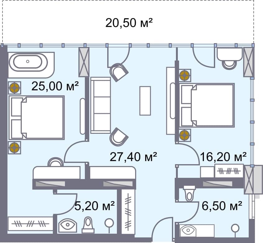 2-комнатная квартира, 100.8 м², 10 этаж в ЖК "Wyndham Grand Aqua"