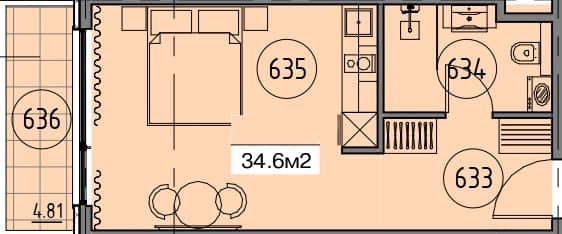 studio, 34.6 m², 6 floor in "Grand Botanico Residence"