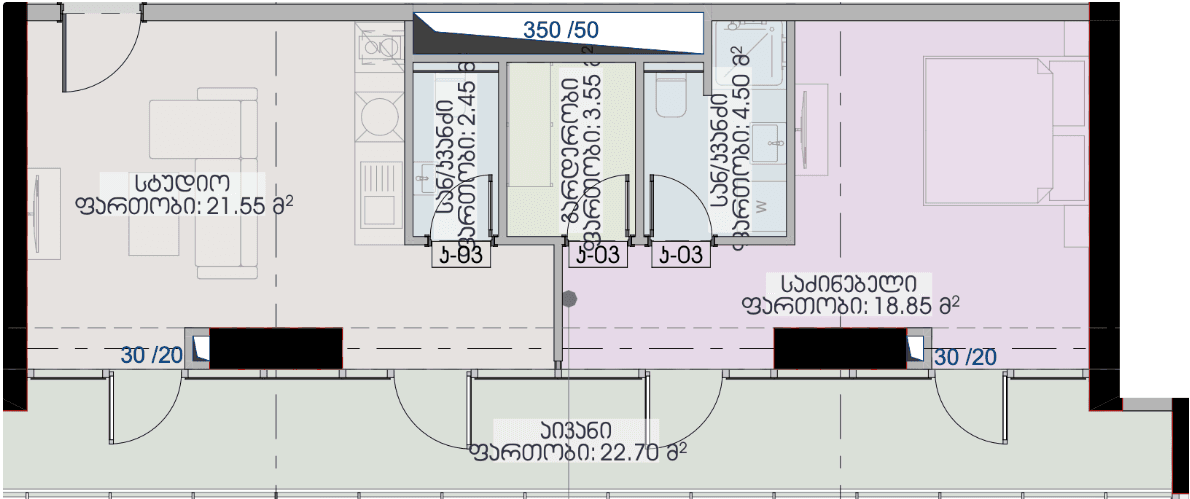 1-bedroom apartment, 73.6 m², 41 floor, Geuz Towers in Batumi