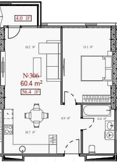 1-комнатная квартира, 60.4 м², 7 этаж в ЖК "Serenade"