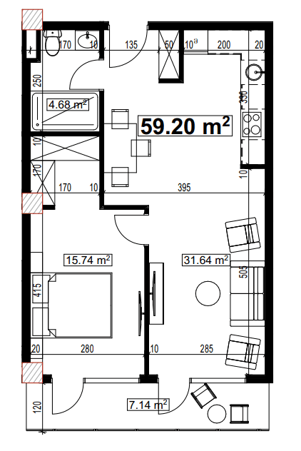 一居室公寓，59.2 m²，4 层，位于“Compact House”