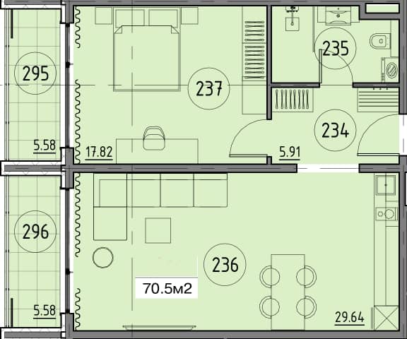 1-bedroom apartment, 70.5 m², 4 floor in "Гранд Ботанико Резиденс"