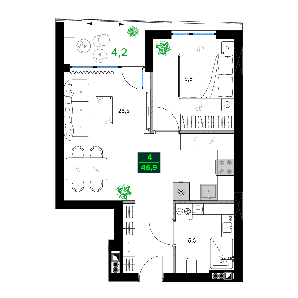 2-комнатная квартира, 46.9 м², 3 этаж в ЖК "SUMMER 365"