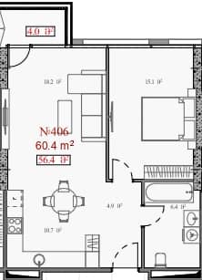 1-ოთახიანი ბინა, 60.4 მ², სართული 10 -ში "Serenade"