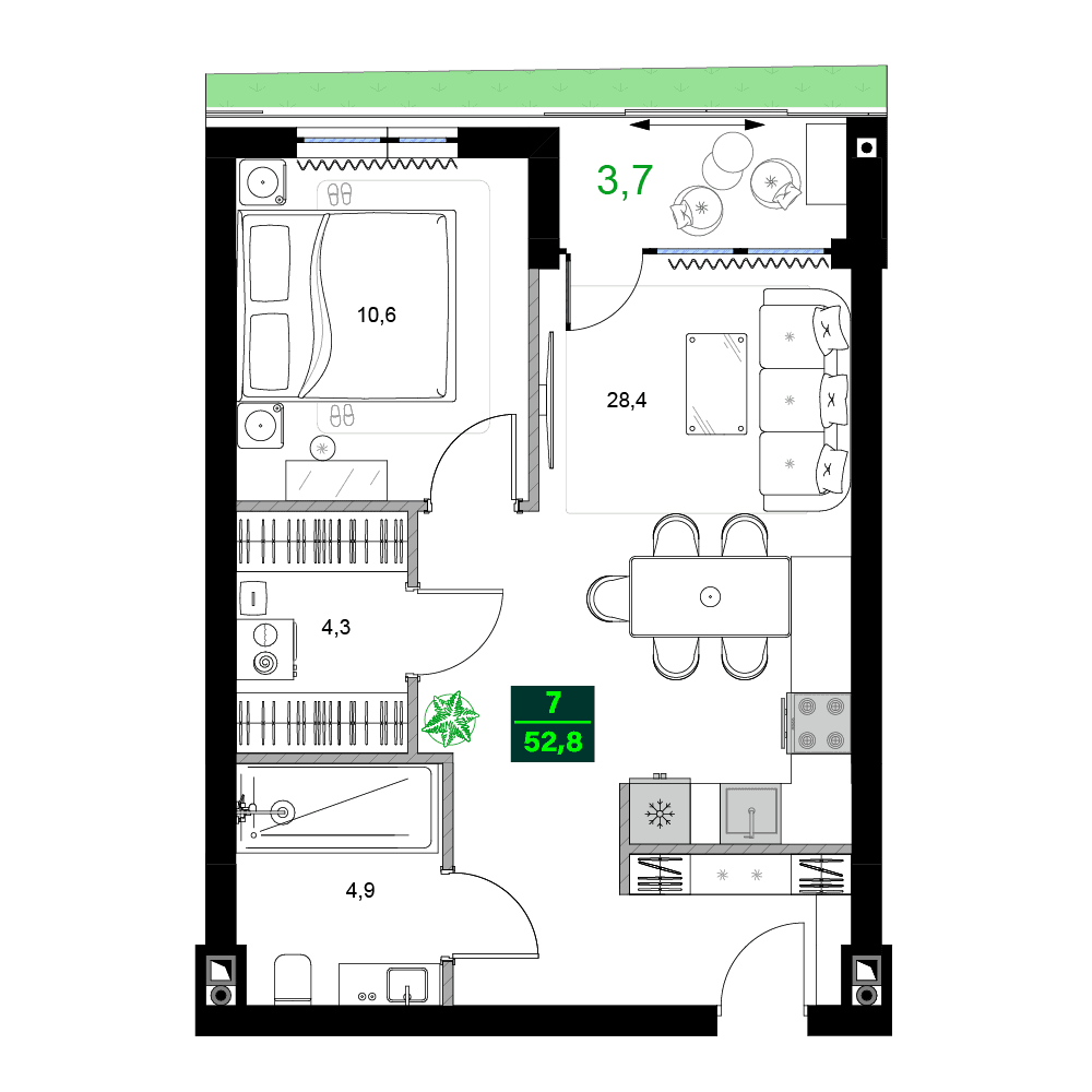 2-комн, 52.8 м², этаж 13
