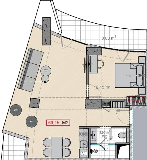 1-room, 69.2 m²