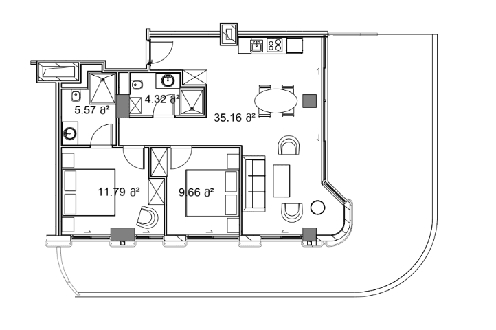 2-room, 132.7 m², Floor 2