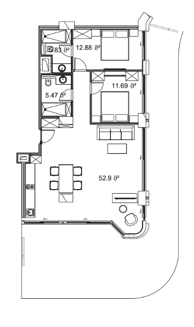2-room, 160.2 m², Floor 4