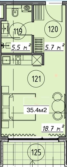 Студия, 35.4 м², этаж 1