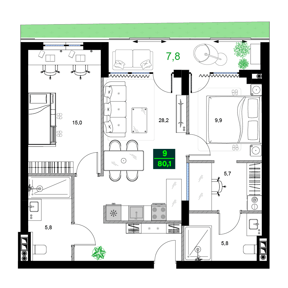 {{roomApartmentOrStudio}}, 80.1 მ², 13 სართული, SUMMER 365 ბათუმში