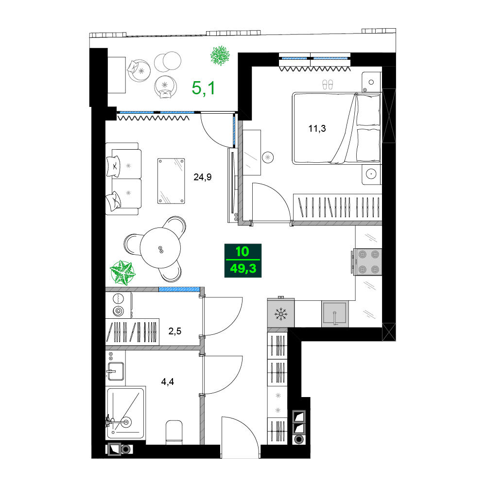 2-комн, 49.3 м², этаж 6