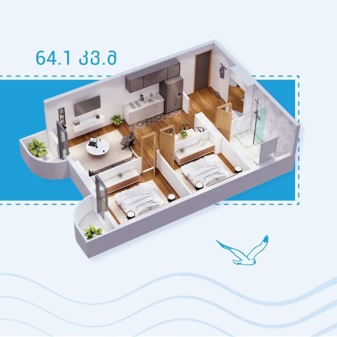 {{roomApartmentOrStudio}}, 64.1 მ², 30 სართული, White House ბათუმში