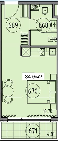 Студия, 34.6 м², этаж 6