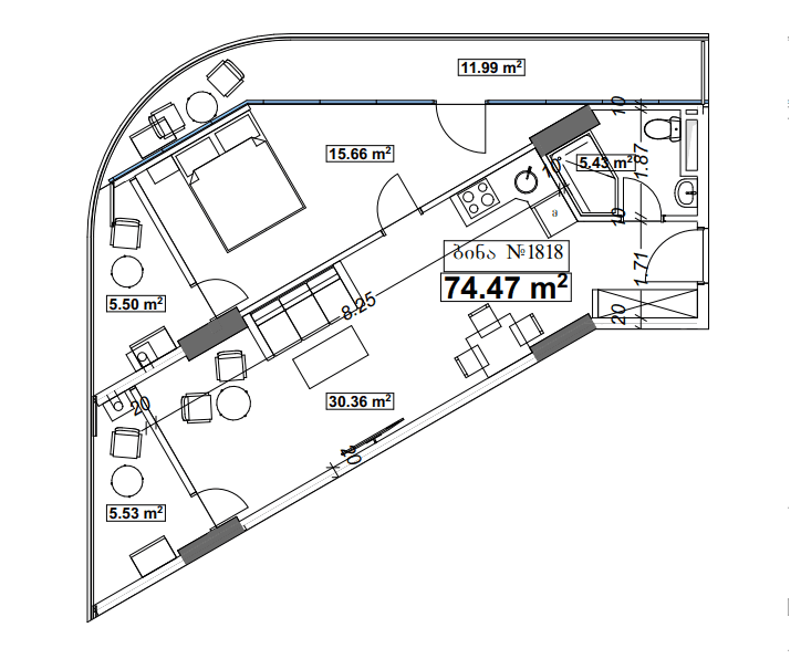 1-комн, 74.5 м², этаж 18