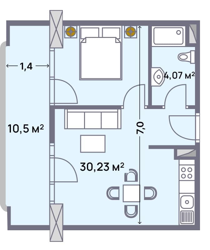 {{roomApartmentOrStudio}}, 44.8 м², 17 этаж в ЖК "Wyndham Grand Aqua"