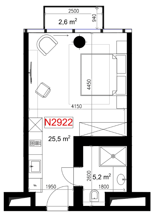 شقة بغرفة واحدة, 33.3 م²