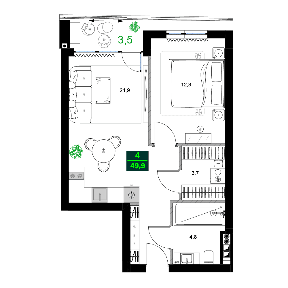 2-комн, 49.9 м², этаж 5