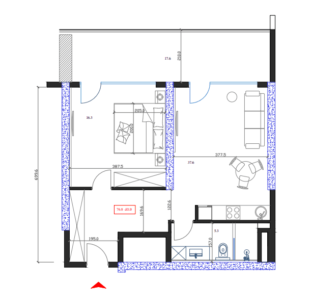 1-room, 76.8 m², Floor 6