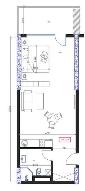 Студия, 57.4 м², этаж 12