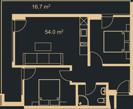 2-room, 69.7 m², Floor 16
