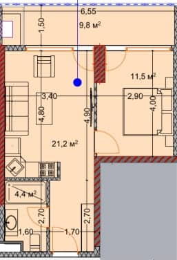 1-room, 46.4 m², Floor 25