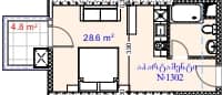 {{roomApartmentOrStudio}}, 33.4 მ², 13 სართული, Aquapark Residence ბათუმში