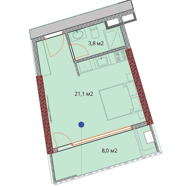 {{roomApartmentOrStudio}}, 34.1 მ², 14 სართული, OKTO Art House ბათუმში