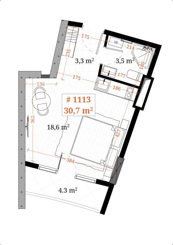Studio, 30.7 m², Floor 11