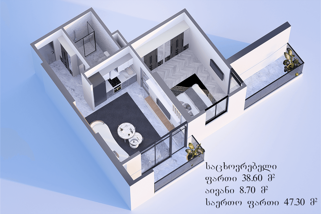 一居室, 47.3 m²