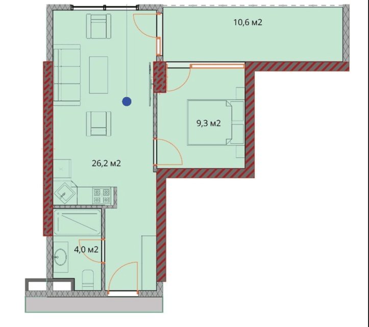 {{roomApartmentOrStudio}}, 50.2 მ², 17 სართული, OKTO Art House ბათუმში