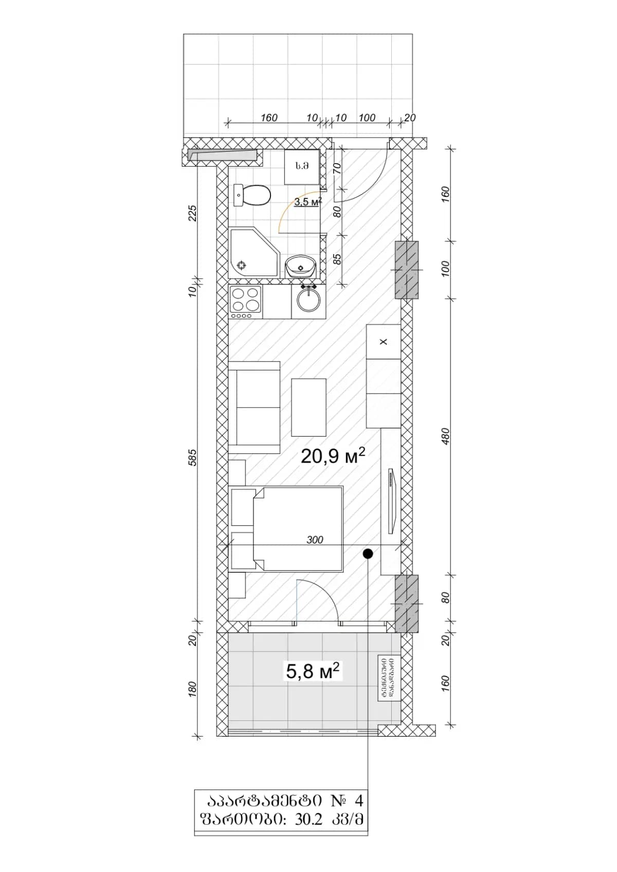 Studio, 30.2 m², Floor 9