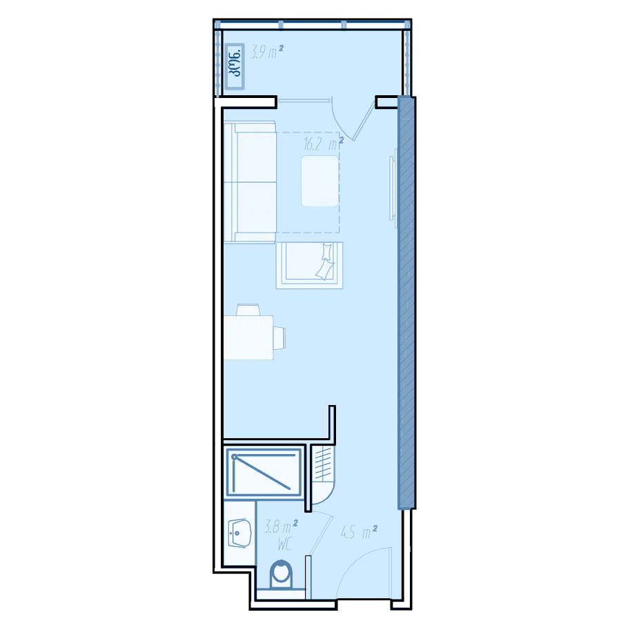 Studio, 32.2 m², Floor 12