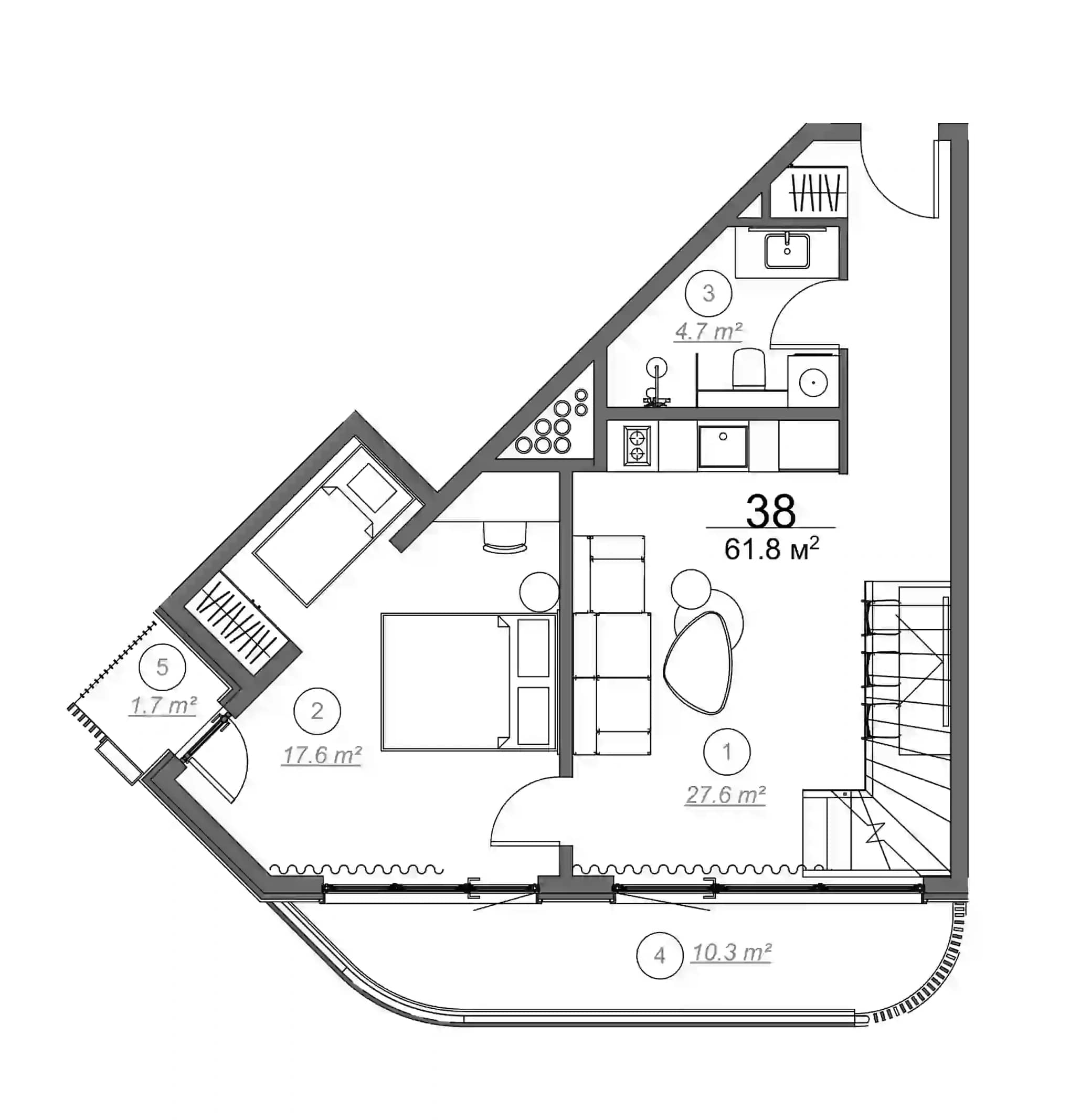 1-room, 61.8 m², Floor 5