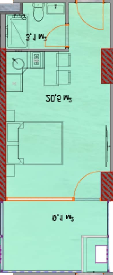 Studio, 33.4 m², Floor 21