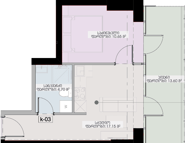 1-ოთახიანი, 46.1 მ², სართული 32