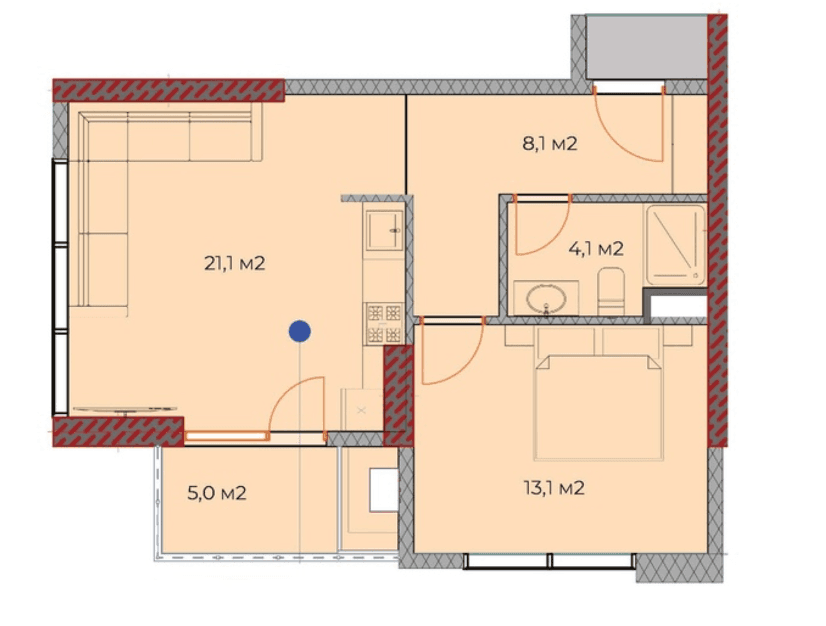 {{roomApartmentOrStudio}}, 52.6 მ², 3 სართული, OKTO Art House ბათუმში