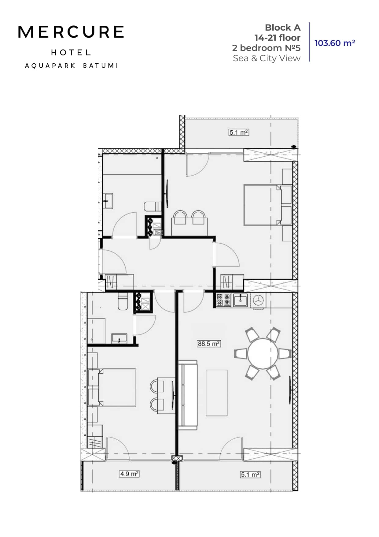 {{roomApartmentOrStudio}}, 103.6 მ², 14 სართული, Mardi Aquapark Wellness Resort ბათუმში