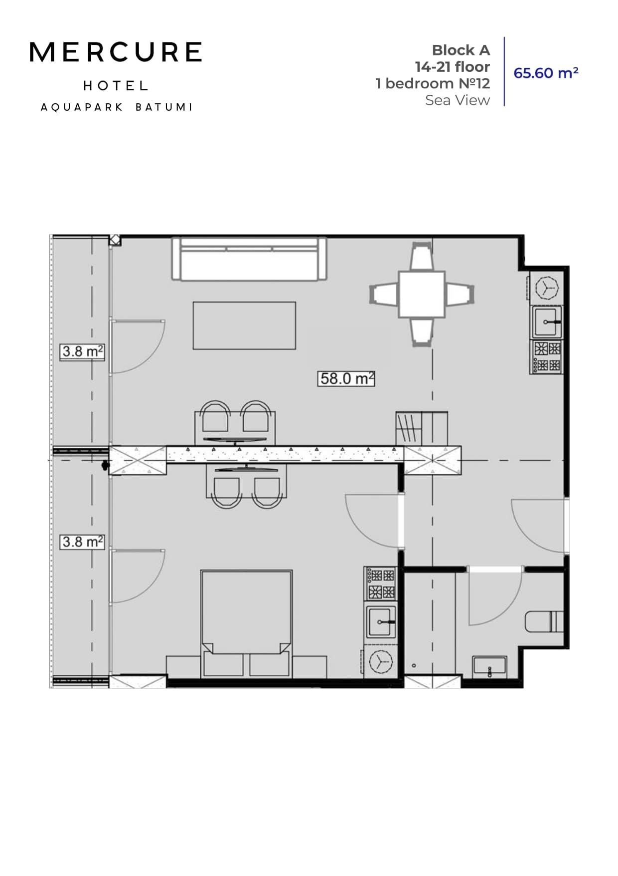 {{roomApartmentOrStudio}}, 65.6 მ², 20 სართული, Mardi Aquapark Wellness Resort ბათუმში