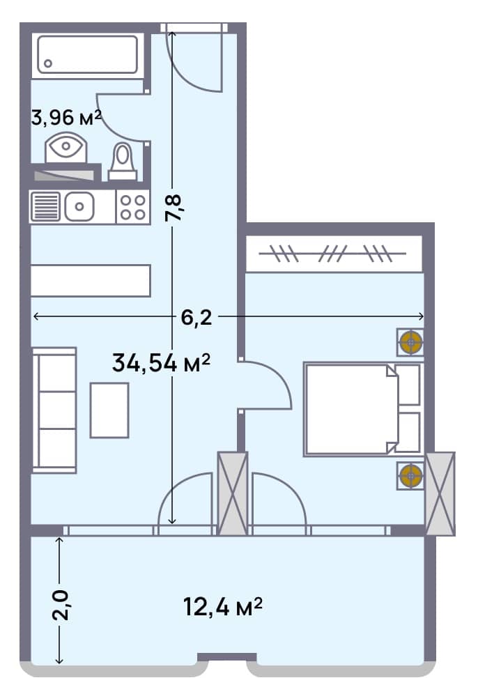 {{roomApartmentOrStudio}}, 50.9 მ², 12 სართული, Wyndham Grand Aqua ბათუმში