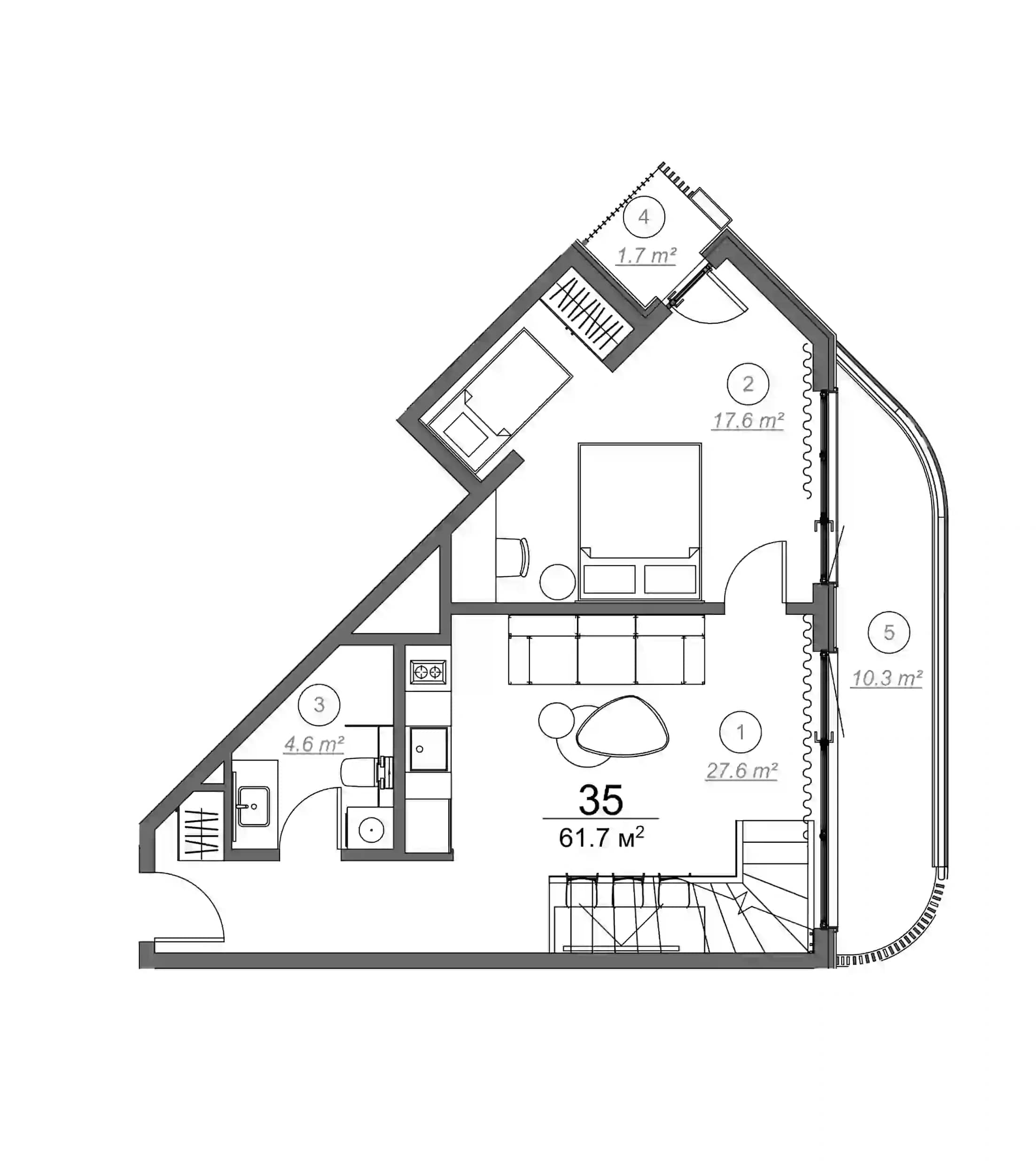 1-room, 61.7 m², Floor 5