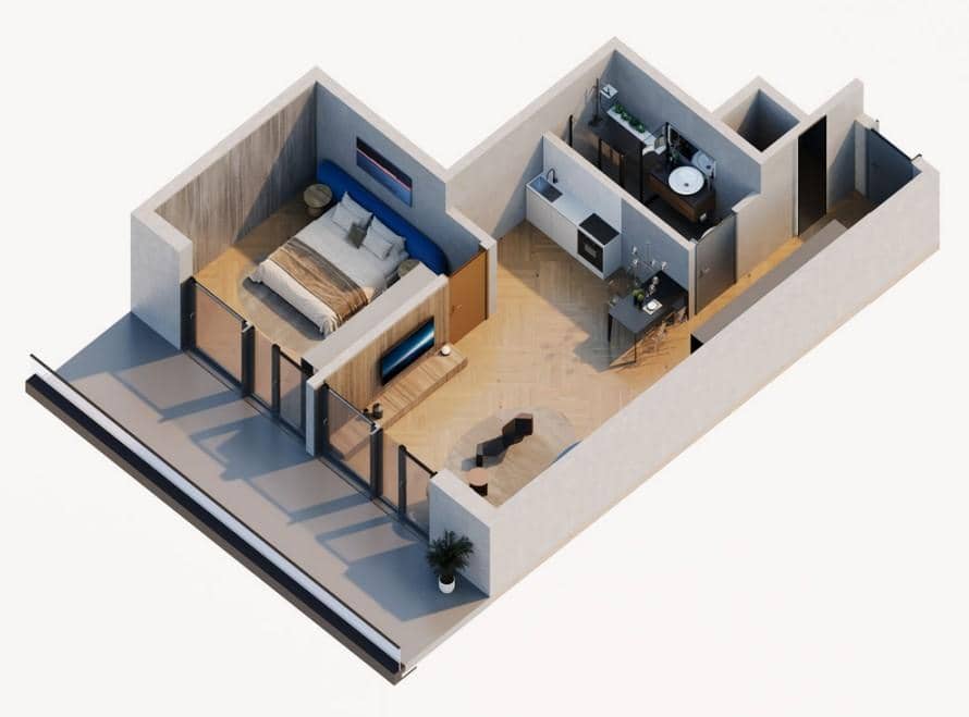 一居室, 58.8 m²