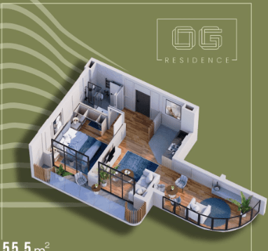 1-комн, 55.5 м², этаж 3