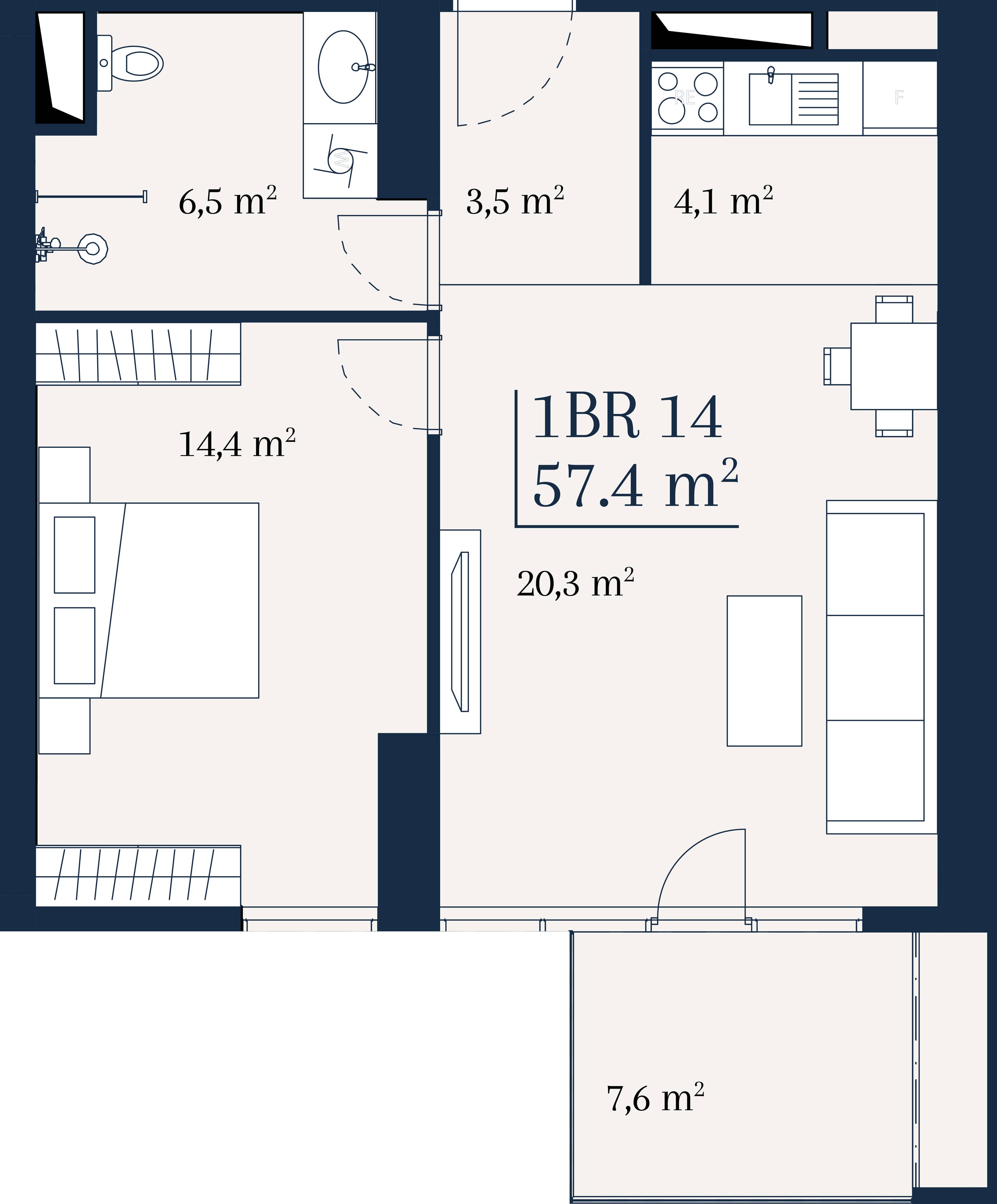 1-комн., 57.4 м²