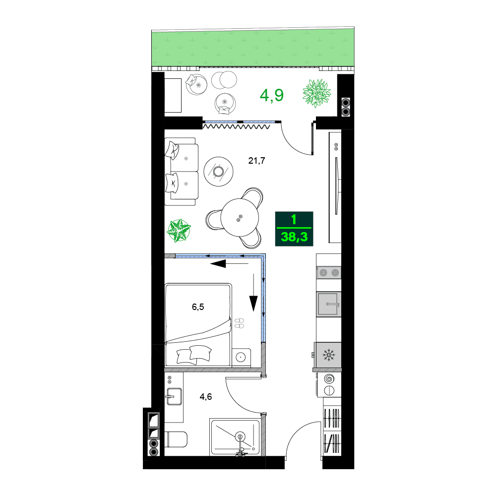 2-комн, 38.3 м², этаж 13