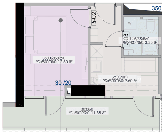 {{roomApartmentOrStudio}}, 36.8 მ², 39 სართული, Geuz Towers ბათუმში