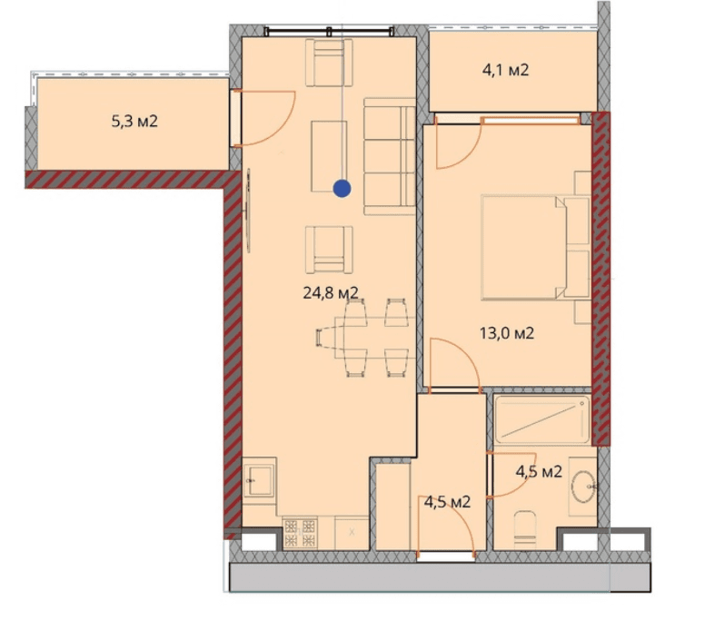 {{roomApartmentOrStudio}}, 58 მ², 2 სართული, OKTO Art House ბათუმში