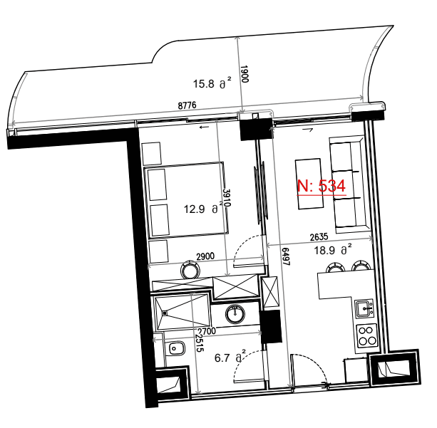 1-комн, 54.3 м²