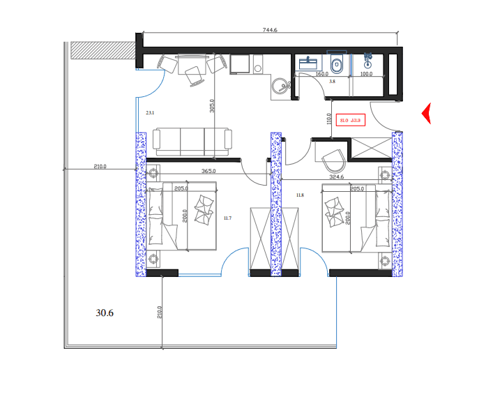 2-room, 81 m², Floor 4